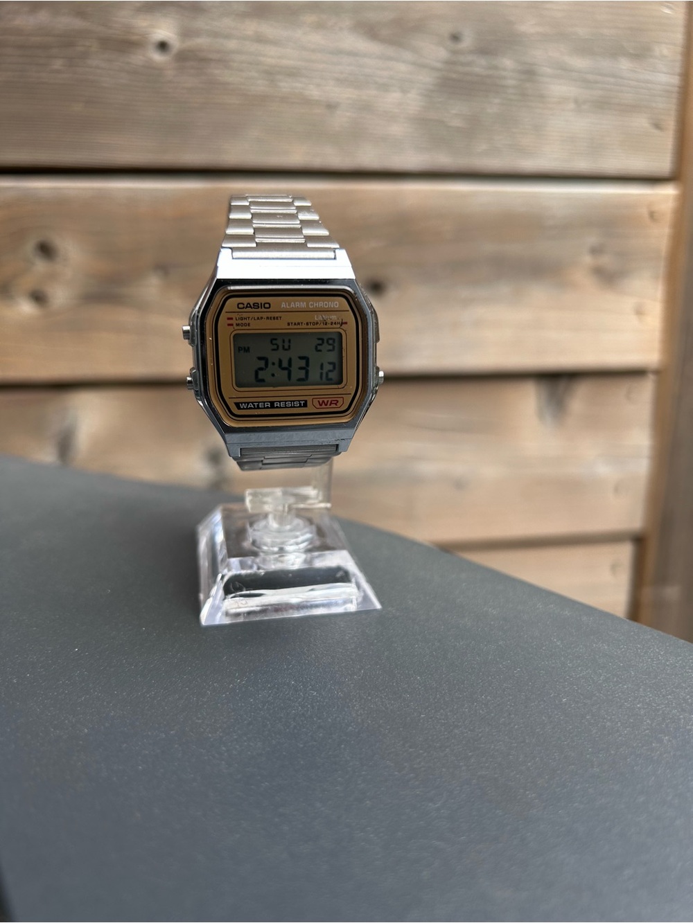 Casio A158WEA-9 Vintage Digital Watch Silver Stainless Steel Gold Dial